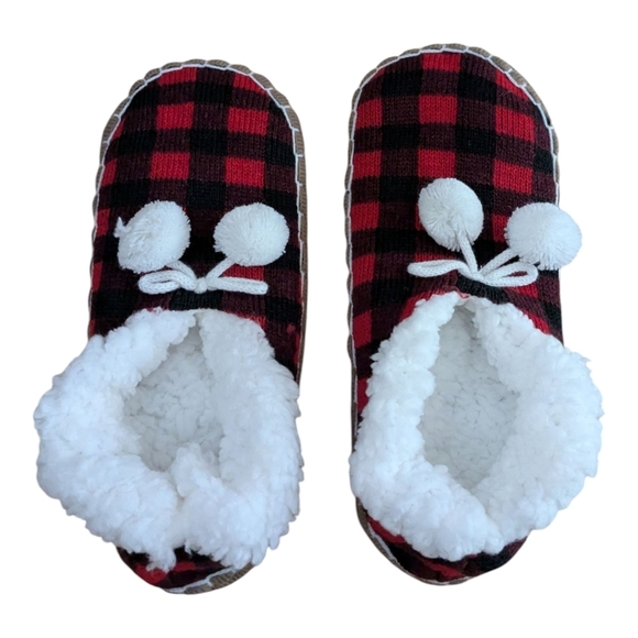 Lumberjack Plaid Red Black Slippers Pantouffles Tassles Pompoms - Picture 4 of 5